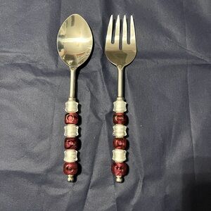 PAMPERED CHEF 12 in Red & Silver Beaded Serving Spoon & Fork Set Retired Holiday